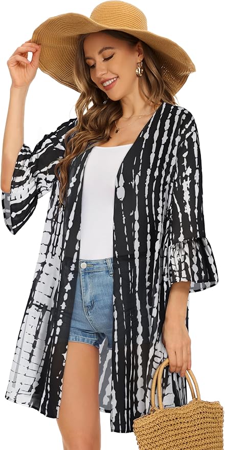 CHICGAL Womens Kimono for Summer Puff Sleeve Cardigan Casual Loose Fit Beach Cover Ups Resorts Swimwear