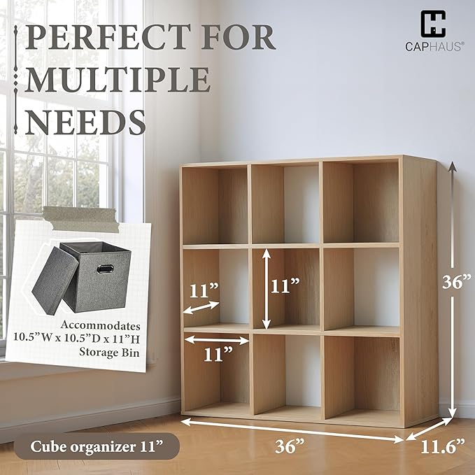 CAPHAUS Sturdy Room 11-Inch Cube Storage Organizer Shelf, with Thick Exterior Edge, Storage Shelf Divider w/Back, Bookcase, 9-Cube, Natural Oak