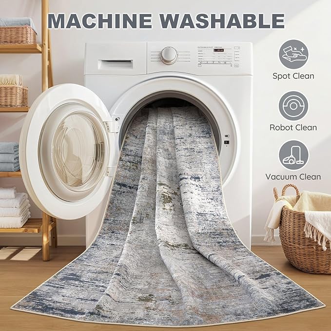 Area Rug Living Room Rugs - 6x9 Washable Large Soft Indoor Neutral Modern Abstract Low Pile Rug Carpet for Bedroom Dining Room Farmhouse Home Office - Blue/Grey/Brown