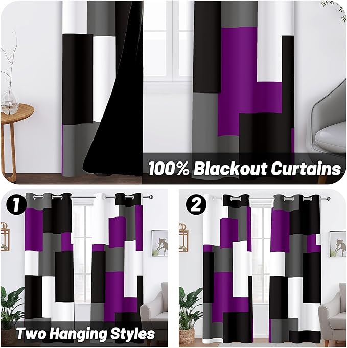 Purple 100% Blackout Curtains for Bedroom 84 inch Length 2 Panels Set Grey Modern Abstract Geometric Black Out Curtains Insulated Room Darkening Window Drapes for Living Room, 42Wx84L