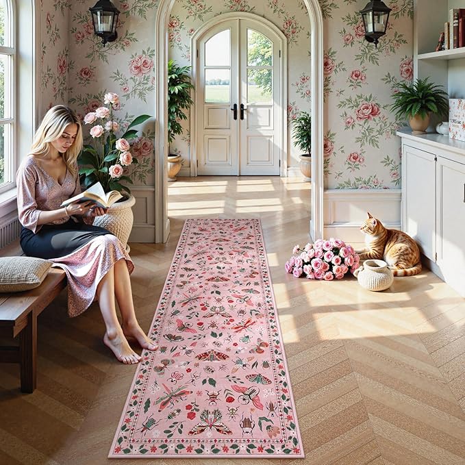 Lahome Insect Hallway Runner Rug, 2'5''x8' Ultra-Thin Washable Runners for Hallways Kitchen, Soft Laundry Room Rug Non-Slip Long Carpet for Entryway Bedroom Bathroom, Pink