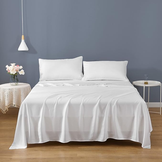 Linen World Cooling Bed Sheets Set King Size,100% Organically Grown Viscose Sheets,Deep Pocket Up to 16",4 Pieces Silky Soft,Breathable Bedding Sheets & Pillowcases(White,King)