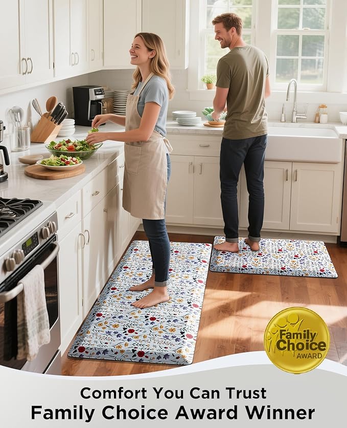 Ophanie Kitchen Mats for Floor, 3/4 inch Thick, 17x28 Anti Fatigue Cushioned Mat, Kitchen Rugs, Waterproof, Comfort Ergonomic Standing Mat for Office, Home, Sink, White Flower Non-Slip Ridged Bottom