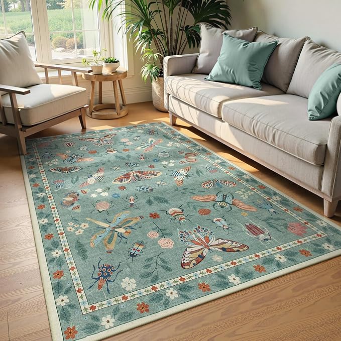 Lahome Insect Washable Small Area Rug, 3x5 Area Rug for Bedroom Living Room, Non-Slip Soft Accent Throw Carpet for Kitchen Office Entryway Bathroom Office, Green