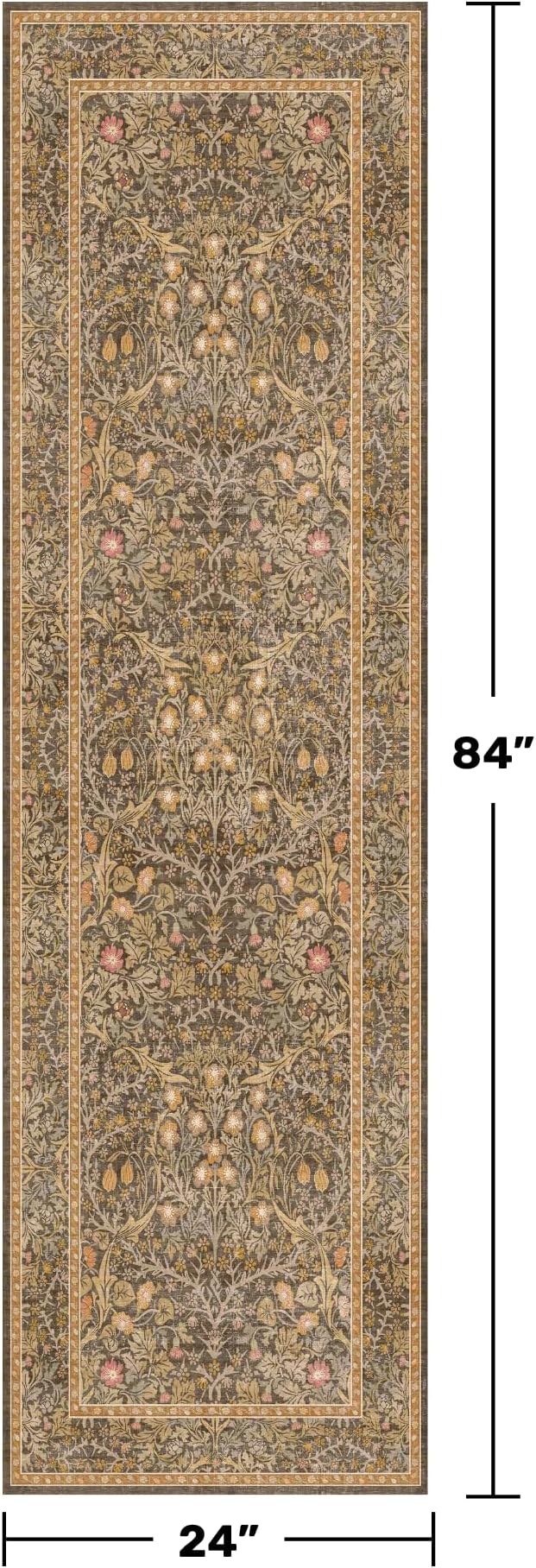 Non Slip 2x7 Gold Brown Kitchen Runner - Washable Long Runner Rugs for Bathroom, Hallway, Indoor Floor Mat, Bedroom Bedside - Brown Earthy Vintage Floral Décor