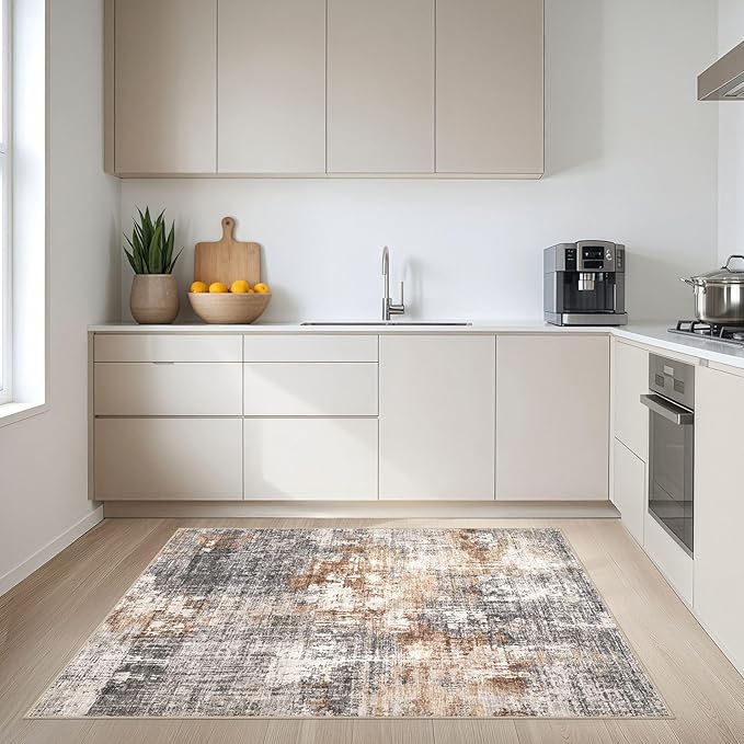 Area Rug Living Room Rugs - 4x6 Abstract Small Soft Indoor Washable Rug Neutral Modern Low Pile Carpet for Bedroom Dining Room Farmhouse Home Office - Grey Brown