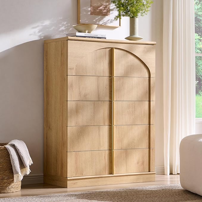 ACCOHOHO Modern 5 Drawers Dresser for Bedroom with Arched Panel,44" Tall Dresser for Closet with Metal Handles,Push-to-Open Wood Storage Closet Dressers Tv Stand for Living Room, Hallway,Natural Oak