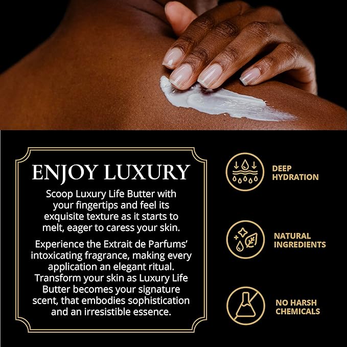LUXURY LIFE BUTTER - Irresistibly Scented Body Butter with Hyaluronic Acid for Ultimate Moisture. Hydrates for a Non-Greasy Glamorous Glow (Dessert, Presidential and Peach Smoke)