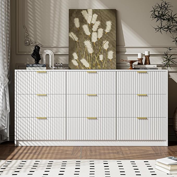White 9 Drawer Dresser for Bedroom, 63" Wide Modern Fluted Dresser with Gold Metal Handles, Chest of Drawers for Bedroom, Living Room, Entryway, Hallway