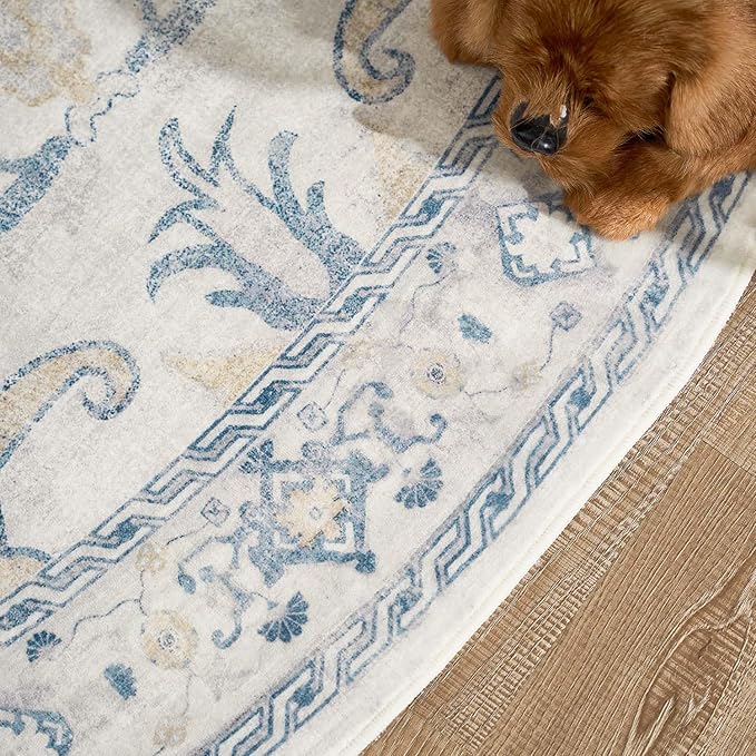 jinchan Round Rug 5ft Area Rug Indoor Vintage Floral Circle 5' Washable Ultra-Thin Low Pile Soft Small Non Slip Distressed Print for Living Room Dining Room Bedroom Entryway Blue