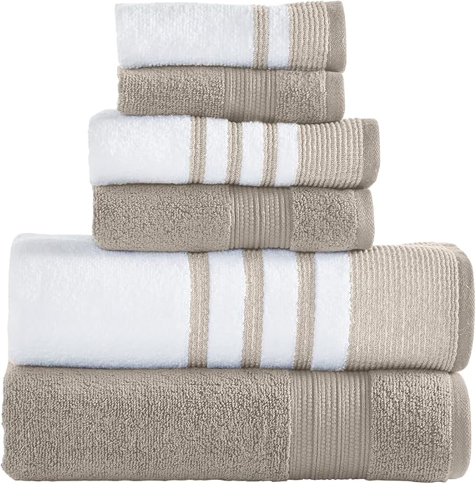 Modern Threads 6 Piece Set, 2 Bath Towels, 2 Hand Towels, 2 Washcloths, Quick Dry White/Contrast Reinhart Tan