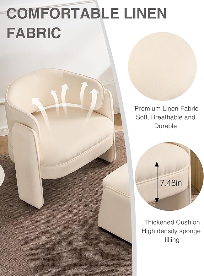 LOULENS Accent Chair with Ottoman, Oversized Barrel Chair, Modern Upholstered Comfy Armchair for Living Room, Bedroom, Reading Room & Corner, Beige