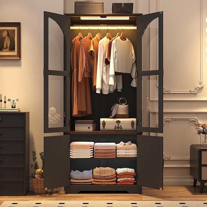 Tall Farmhouse 2 Doors Armoire Wardrobe Closet with LED ,72" Freestanding Arched Wardrobe Closet Cabinet for Bedroom w Glass Doors,Wooden Clothing Storage Cabinet,Closets for Bedroom(Black)
