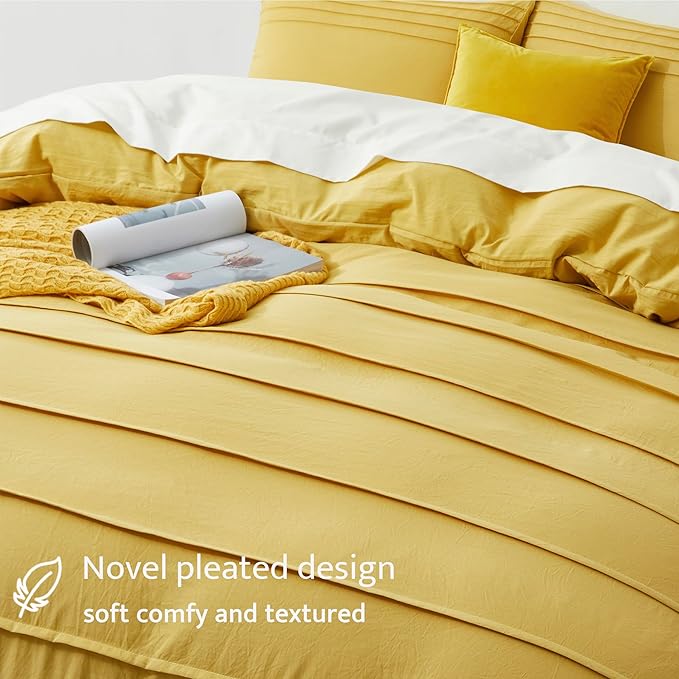 Oli Anderson Mist Yellow Duvet Cover King Size - Pleated King Duvet Cover, 3PCS Soft and Breathable Textured Bedding Set with Zipper Closure(Mist Yellow,104"x90")