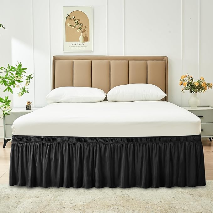 Biscaynebay Wrap Around Bed Skirts for King & Cal King Beds with Extra Long Drop of 25", Black Adjustable Elastic Dust Ruffles Easy Fit Wrinkle Resistant Silky Luxurious Fabric Machine Washable