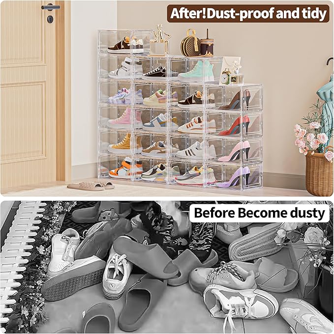 12 Pack XX Large Shoe Organizer, Heavy-Duty Hard Thicken Plastic Clear Stackable Shoe Storage Box Organizer for Closet, Space-Saving Shoe Rack Display Case Bin Containers for Sneakers, Clear