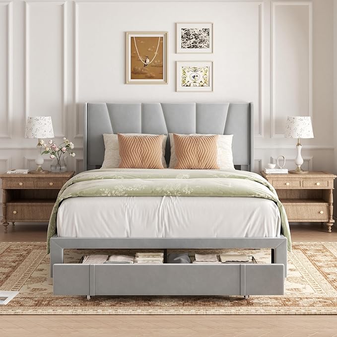 Queen Bed Frame with Storage Drawers, Upholstered Queen Size Platform Bed with 47" Tall Headboard and Wingboard, No Box Spring Needed, Noise Free, Easy Assembly, Wooden Support Slats, Light Grey