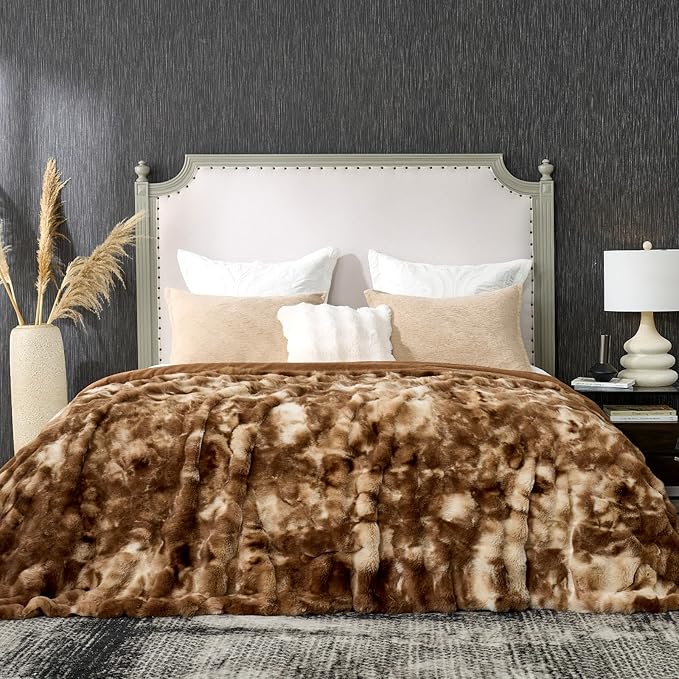 Cozy Bliss Faux Fur Throw Blanket King Size, Fuzzy Soft Plush Thick Bubble Blanket for Bed Couch Bedroom Living Room, 108x90 Inches Tie-dye Brown