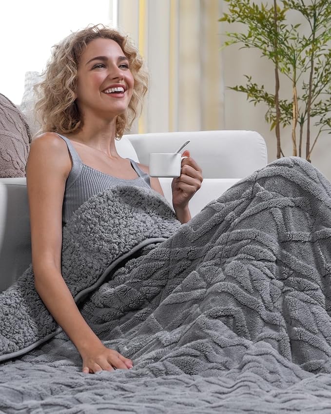 Cottonblue Weighted Blanket for Adults - Plush Cozy Sherpa Weighted Blankets for a Better Night's Sleep, Luxurious Jacquard Decor Blanket Queen Size for Bed Sofa Couch, 60x80 Inches,15lbs,Grey