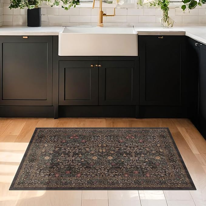 Boho Brown Washable 2x3 Entryway Rug - Front Door Mat Rugs Indoor Entrance, Non-Slip Vintage Floral Small Throw Rug for Kitchen, Bathroom, Dark Modern Western Unique Entry Décor