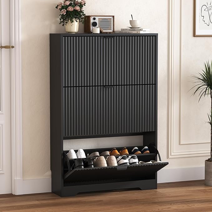 Shoe Cabinet Storage for Entryway with 3 Flip Drawers, Black Fluted Shoe Cabinet with Adjustable Shelves, Wooden Hidden Shoe Rack Freestanding Narrow Slim Shoes Storage for Hallway, Entrance