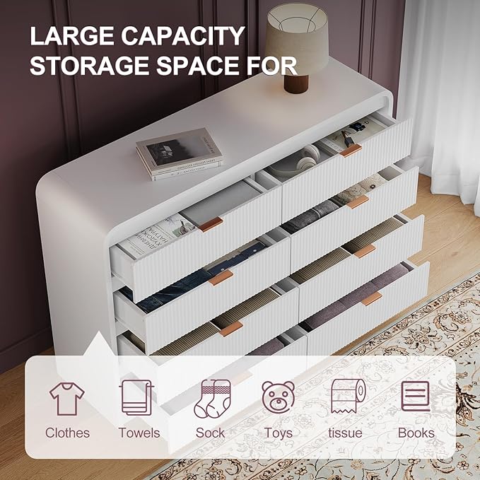 FURSUN Fluted 8 Drawers Dresser for Bedroom, 55" Wide Wooden Dresser with Metal Handle, Curved Profile Design, Modern Storage Organizer for Bedroom, Living Room, Hallway, White