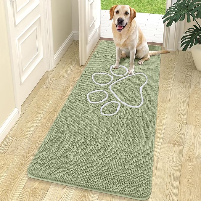 OLANLY Dog Door Mat for Muddy Paws 70x24, Paw Print Design, Absorbs Moisture and Dirt, Non-Slip Washable Doormat, Quick Dry Chenille Mud Mat for Dogs, Entry Indoor Entryway Carpet, Sage Green