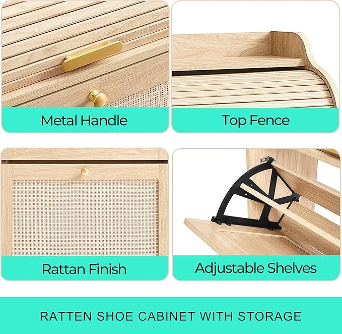 LINSY Shoe Storage Cabinet, Rattan Shoe Cabinet Wood Shoes Rack Cabinets with Sliding Tambour Door, Large Flip Drawer Shoe Cabinet Boho Hidden Shoe Storage for Entryway, Front Door, Hallway, Oak