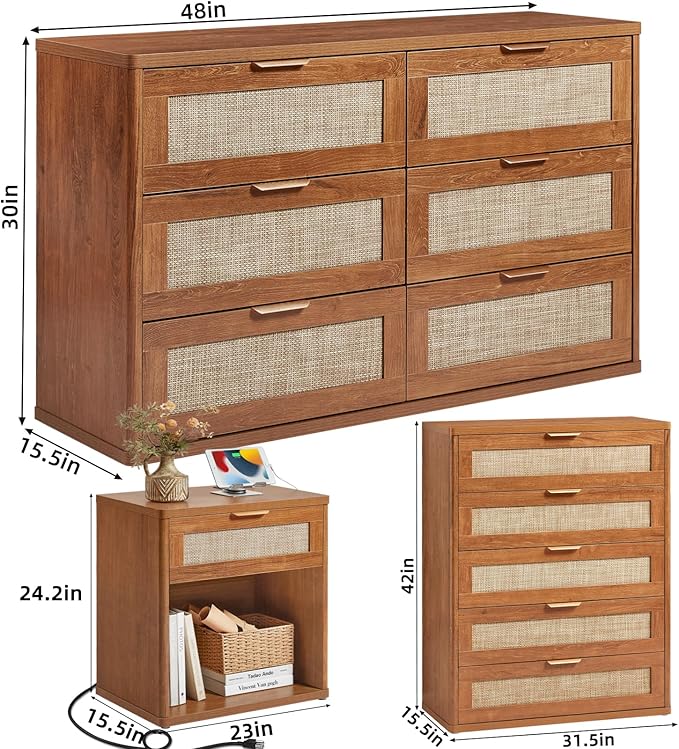 LEYAOYAO Rattan Dresser and Nightstand Set of 3, Boho Wood Dresser for Bedroom with 6 Drawers and Night Stand with Charging Station, Bedroom Furniture, Dressers & Chests of Drawers,Hallway,Living Room