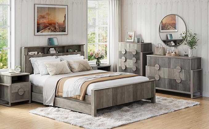 LGHM Fluted Dresser for Bedroom with 6 Drawers, Modern 6 Drawers Dressers with Semicylinder Fluted, Solid Chest of Drawers, 44.5" Tall Dresser with Stable Steel Frame, Metal Handles, Gray