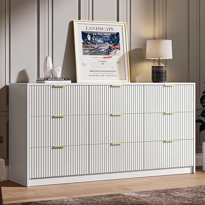 White 9 Drawer Dresser for Bedroom, 63" Wide Modern Fluted Dresser with Gold Metal Handles, Chest of Drawers for Bedroom, Living Room, Entryway, Hallway