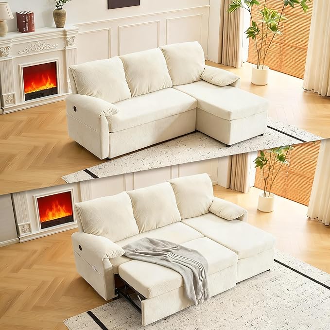 VINGLI Convertible Sofa Bed Couches for Living Room, Sleeper Sofa with Pull Out Couch Bed, Cloud-Like Plush Fleece L-Shape Sectional Couch with Storage Chaise, USB Charging, Side Pockets (Beige)