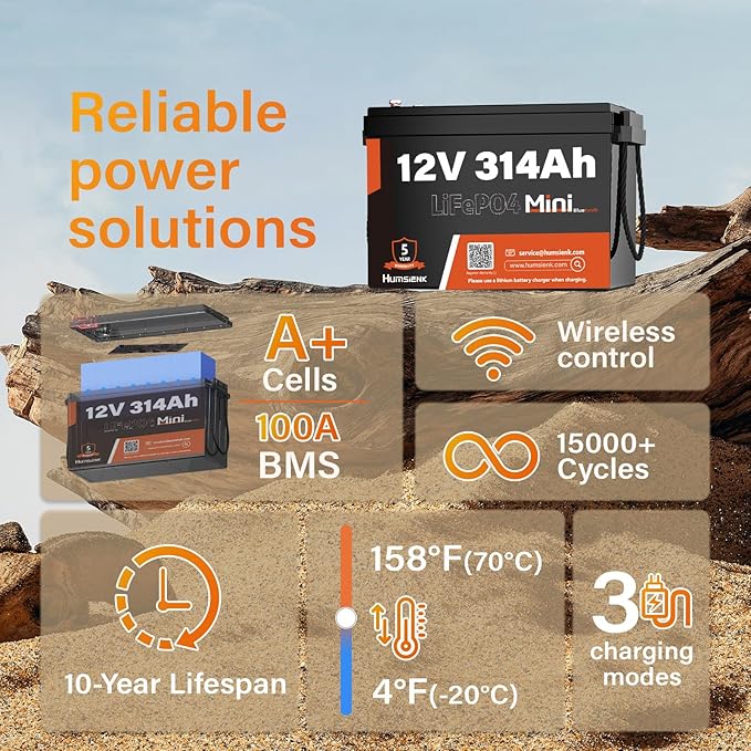 12V 300Ah (314Ah) LiFePO4 Lithium Battery Bluetooth MINI, Max. 4190Wh Energy, EV A+ Cells, Built-in 100A BMS, 15000 Deep Cycles Batterys for RV, Marine, Solar