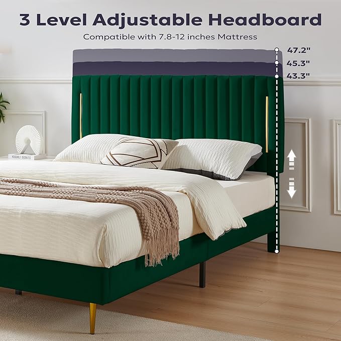 Queen Platform Bed Frame, Velvet Upholstered Bedframe with Vertical Channel Adjustable Headboard, Golden Plating Trim, Mattress Foundation with Wooden Slats, No Box Spring Needed, Green