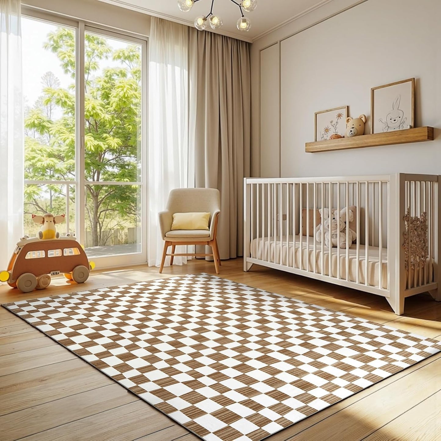 jinchan 6x9 Brown Checkered Area Rugs for Kids Room - Machine Washable Rug Modern Neutral Geometric Lattice Soft Non-Slip Carpet for Nursery Playroom Classroom Living Room Bedroom Home Office