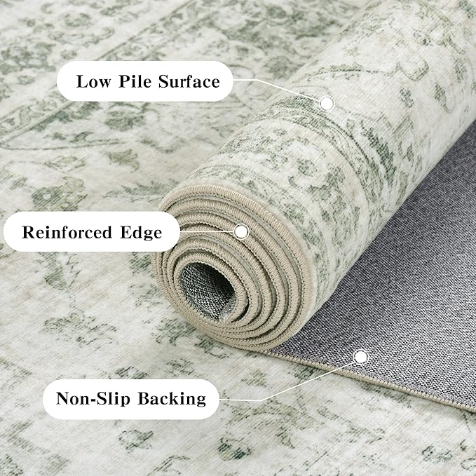 8x10 Vintage Washable Area Rugs Boho Medallion Large Distressed Retro Accent Carpet Floral Non-Slip Soft Low Pile Indoor Throw Rug for Living Room Bedroom Dining Room Office Kitchen, Green