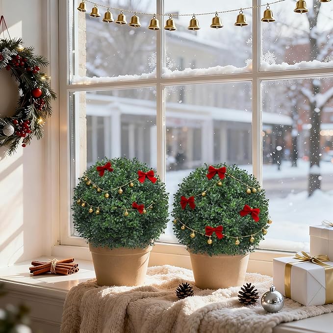 Artificial 23" Boxwood Topiary Trees with Ground Spike,2 Pieces Fake Pine Shrubs Bushes, UV Resistant Faux Evergreen Cypress Tree Plants for Indoor Outdoor Planters Front Porch