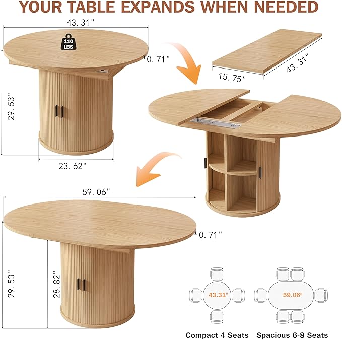 Vipbear Extendable Dining Table 43-59" for 4-6 People, Solid Wood Top with Fluted Slide Door & 8-Compartment Storage, Space Saving Round Dining Room Kitchen Dinner Tables Furniture with Pedestal Base