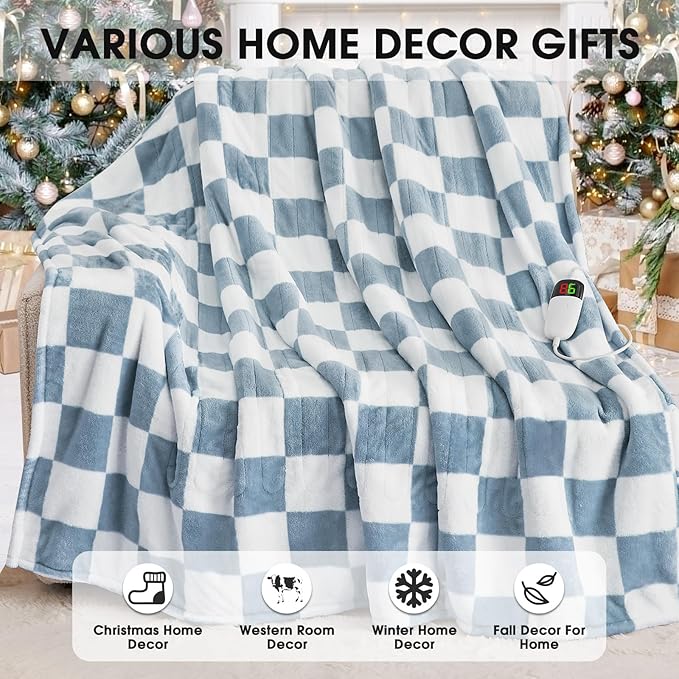 Heated Electric Blanket Twin Size, 62X84 Heating Blanket with 10 Heat Level & 8 Hours Auto Off, Misty Blue Checkered Plaid Soft Fleece Sherpa Blankets Warmer Gifts for Couch Grandma Women Adults