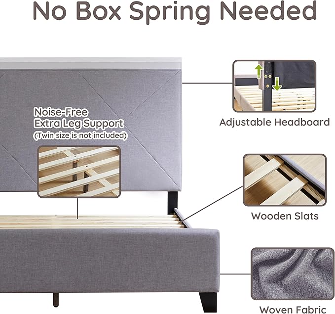 Livinia Stella Full Size Platform Bed, Fabric Upholstered Full Bed Frame with Height Adjustable Headboard Footboard, Strong Wood Slats, No Box Spring Needed, Gray