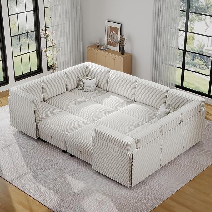 Modular Sectional Sofa with Adjustable Backrest, Large Convertible L/U-Shaped Sleeper Couch for Living Room, Cloud Sofa Bed Modern Reversible Design, White