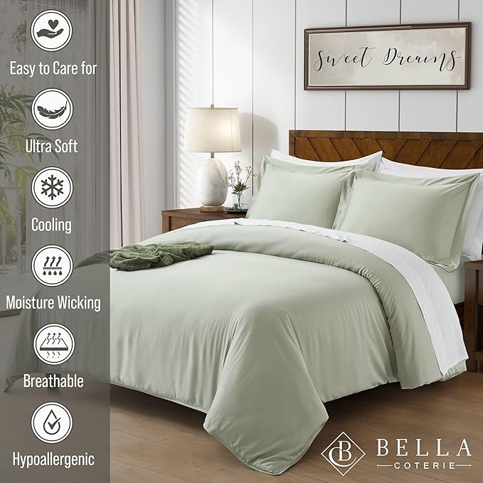 Bella Coterie Luxury Bamboo Viscose King Size Duvet Cover Set | 100% Organically Grown | Corner Ties | Ultra Soft | Cooling | Two Pillow Shams | 106 x 94 | No Insert [Sea Glass]