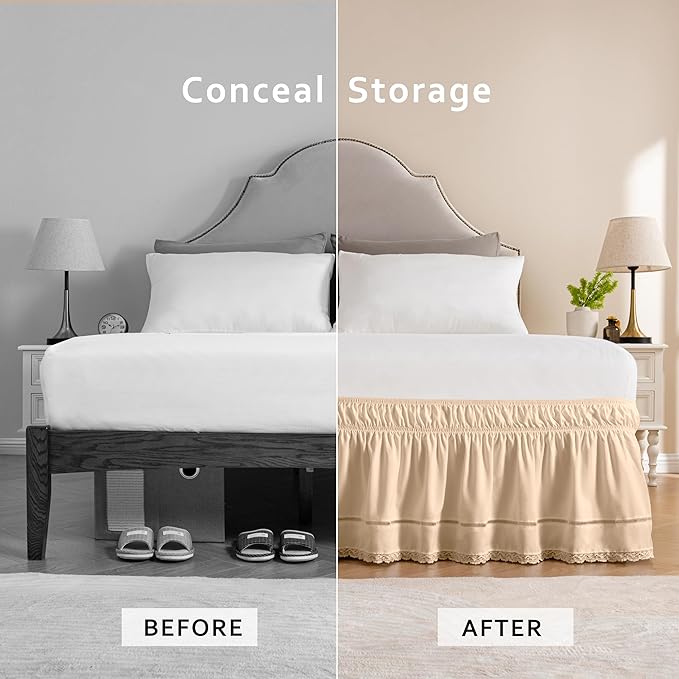 MIYE Wrap Around Ruffled Lace Bed Skirt, Elastic Dust Ruffle with Adjustable Belts, Easy to Put On, Bed Frame Cover, Machine Washable (Floral Lace/Beige, Full/Twin-15 Drop)