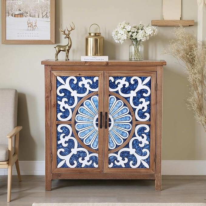 PHI VILLA Blue Accent Cabinet with Doors, Small Buffet Sideboard for Living Room Entryway Cabinet