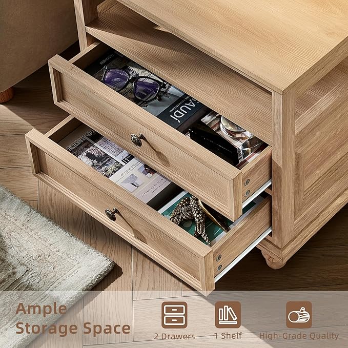 Farmhouse Nightstand Set of 2 with Charging Station, 24" Wide End Table with 2 Drawers,Natural Dresser for Bedroom,Bed Side Table Chest of Drawers Cabinet, Night Stand for Living Room