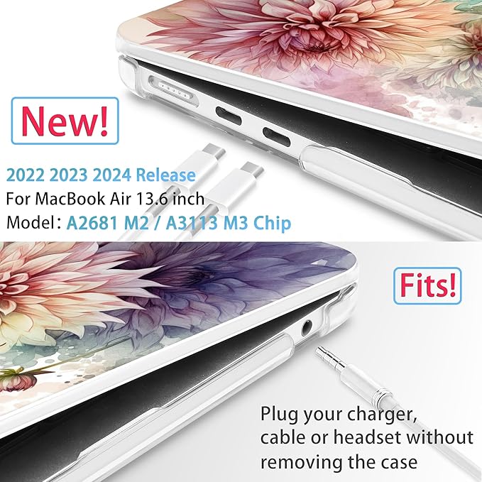 Mektron for 2025 M4 MacBook Air 13.6 Inch A3240 Case Fits 2023 A2681 M2 2024 A3113 M3 Chip with Liquid Retina Display, Printed Plastic Hard Shell Cover for MacBook Air 13.6", Watercolor Dahlias