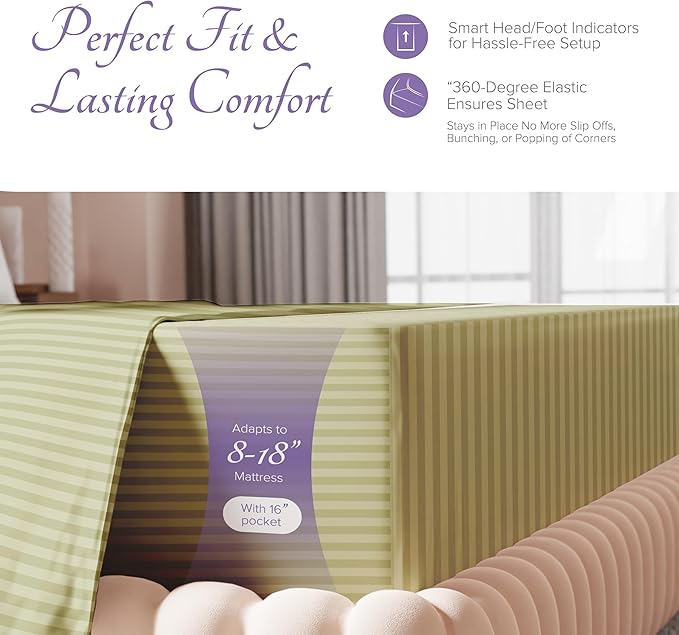 Carressa Linen Luxury Egyptian Cotton California King Stripe Sheet Set - 600 Thread Count Extra Long Staple 4 PC Set, Cal King Damask Sheets, Soft, Cooling Sheets Upto 18 in Deep Pocket - Herb Garden