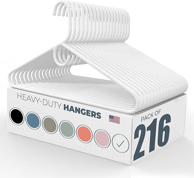 Neaties Heavy Duty Clothes Hangers 100+ Pack (216 Count) – Made in The USA – 8lb Capacity Plastic Hangers for Adult Clothing – Durable for Pants, Coats, Jackets, or Jeans – White