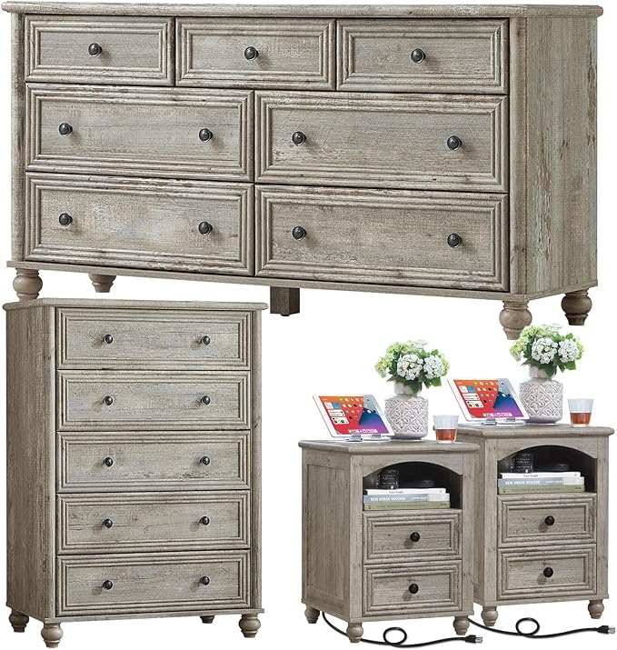 Farmhouse Dressers & Night Stand Set of 4, Wood 54" Wide Dresser & 45" Tall Chest of Drawers, 18" with Charging Station Nightstand Set of 2, Bedroom Furniture Dresser Set for Home Living Room Hallway