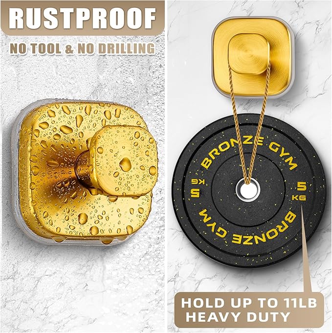 Suction Cup Hooks for Shower - Resuable Bathroom Hooks for Towels, Robes & Loofah - No-Drill Mounting on Kitchen,Walls,Metal,Glass,Mirrors,Tile & Smooth Non-Porous Surfaces (2, Brushed Gold)